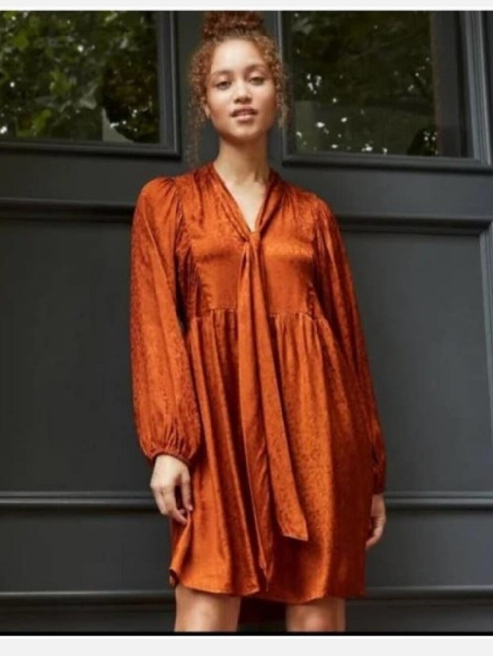 A New Day Burnt Orange Tie-Neck Babydoll Dress
